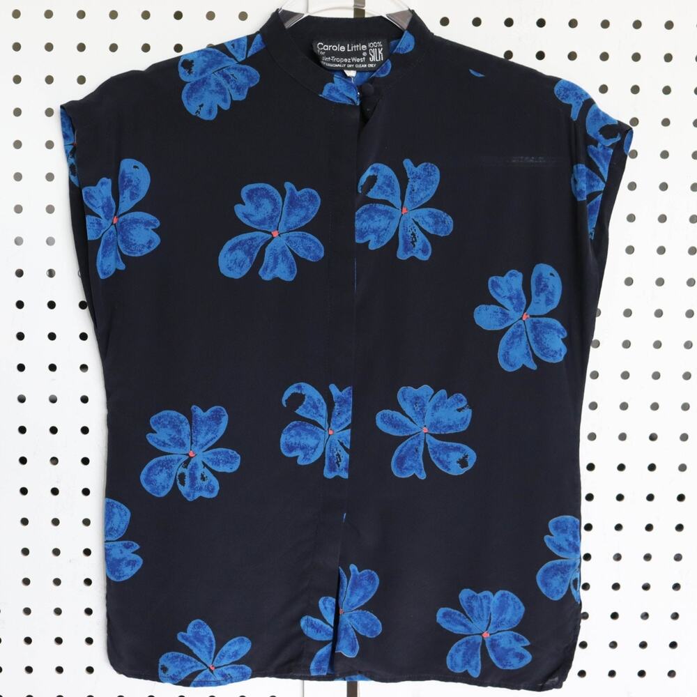 Carole‎ Little Saint Tropez West Womens SIZE 4 Black Blue Floral Silk Top